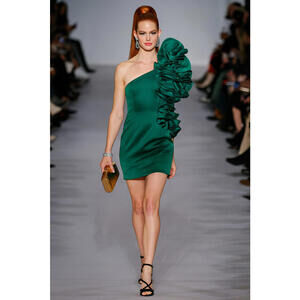 Badgley Mischka Emerald Green One-Shoulder Ruffle Cocktail Dress